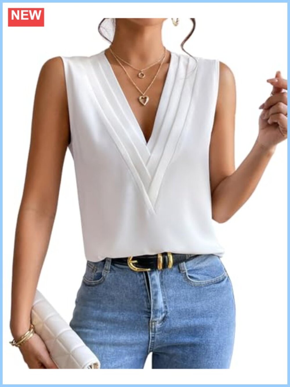 Womens Sleeveless Chiffon Triple V-Neck Blouse 3-Layer Lightweight Office Top